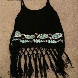 fringed black tank top
